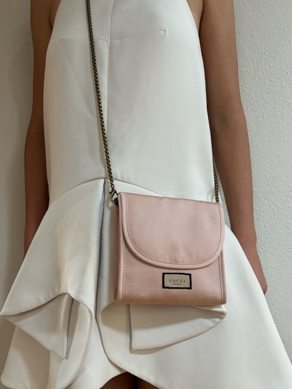 GUCCI Blush pink Mini Crossbody with Chain Strap old gold beauty LOGO bag purse